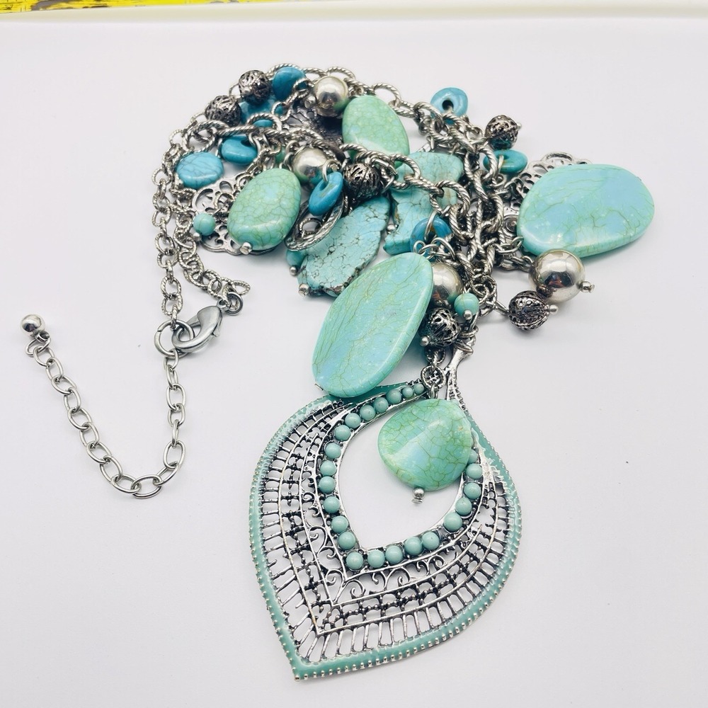 Statement Aqua Blue Beaded Necklace Silver Tone Fringe Boho Bib - Picture 4 of 4